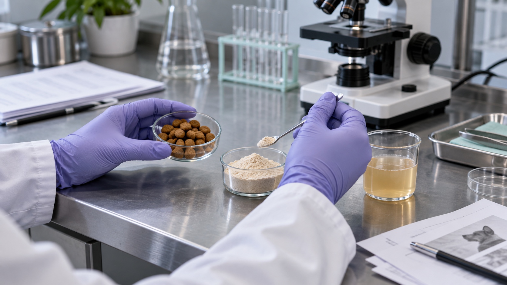 A veterinary nutrition laboratory bench with unbranded food samples, glassware, a microscope, and printed research pages